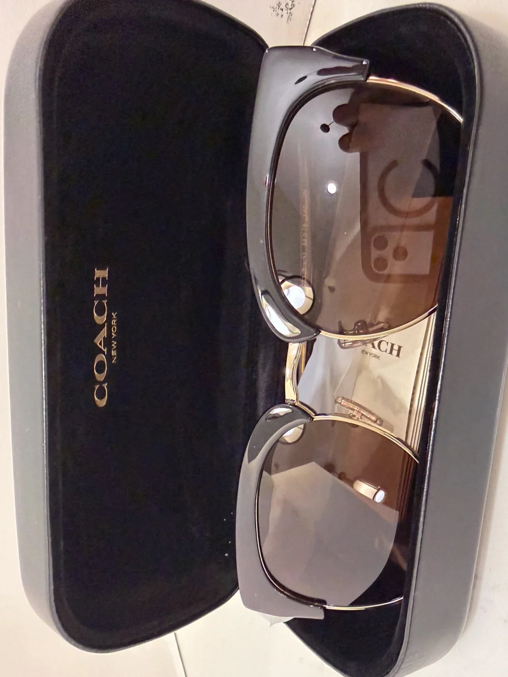 Coach Black Frame Sunglasses with Gold Trim and Brown Lenses